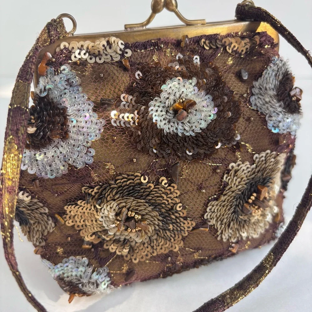 SANTI Y2K Brown Silk Beaded Sequin Tiger’s Eye Evening Luxury Hand Bag‎